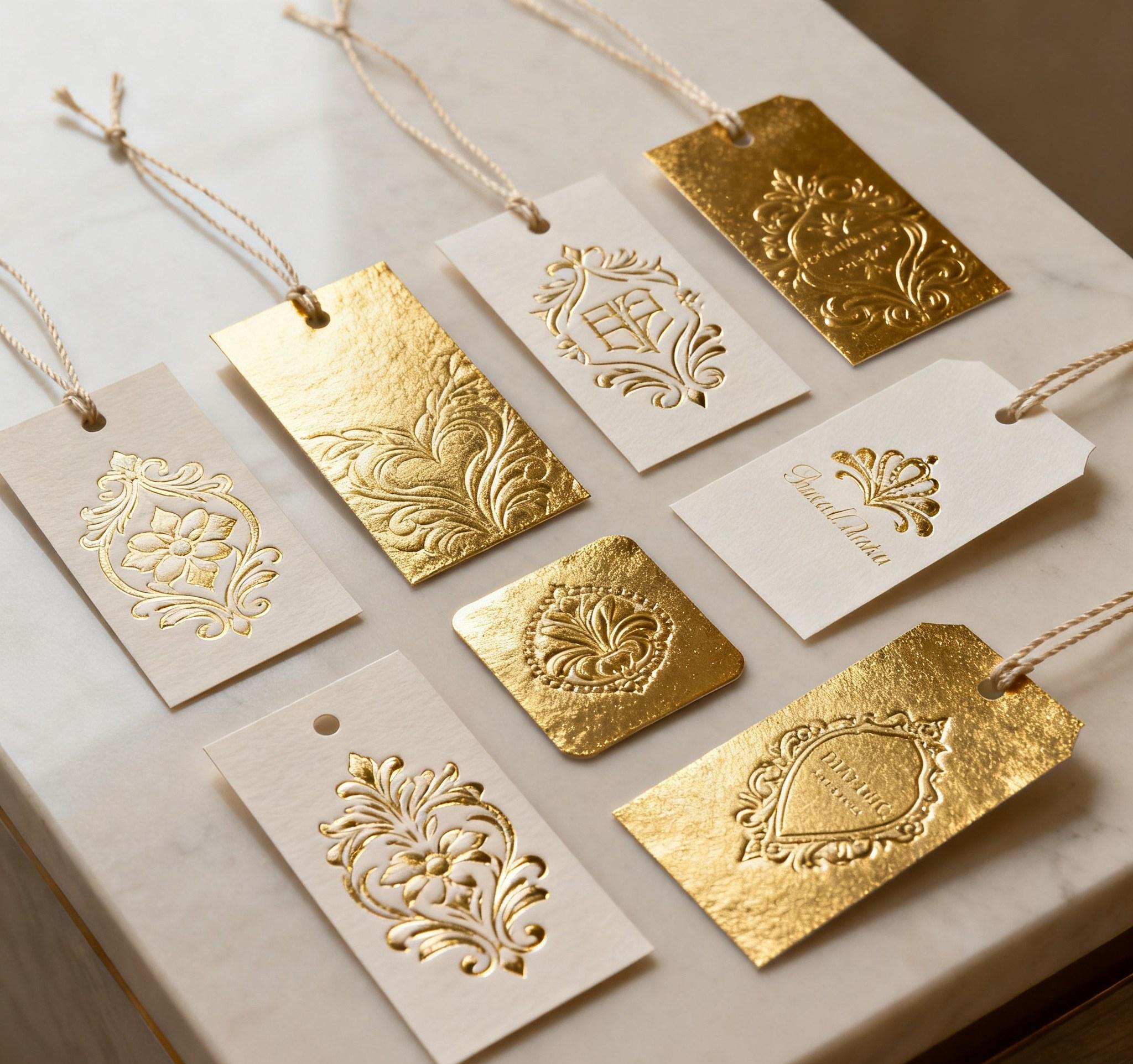 Luxury custom jewelry hang tags with embossed gold foil finish